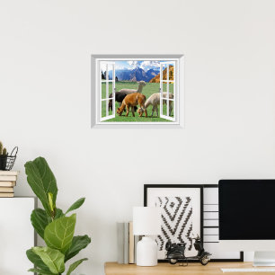 Póster Ventana falsa 3D Vista Alpaca Llama Wall Art