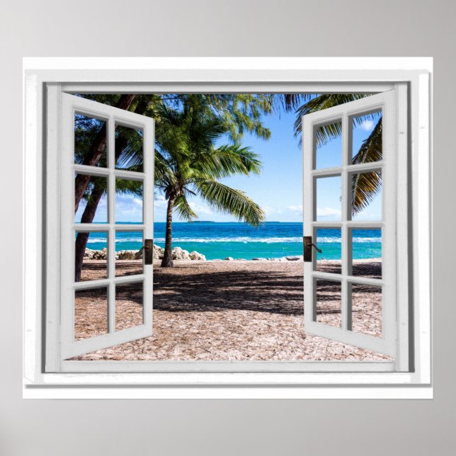 Póster Ventana falsa con palmeras en la playa con vistas  (Frente)