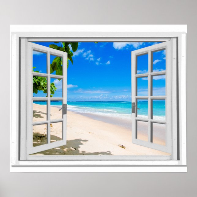 Póster Ventana Falsa Con Vista Tropical de Playa y Océano (Frente)