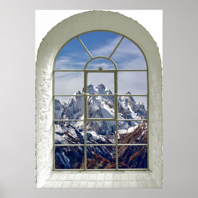 Póster Ventana falsa curvada de vista de cumbres de monta (Frente)
