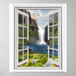 Póster Ventana falsa de efecto de cascada Trompe l'oeil
