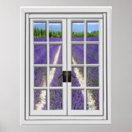 Póster Ventana falsa de la vista de campo de lavanda