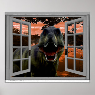 Póster Ventana falsa de T-Rex Dinosaur Sunset View