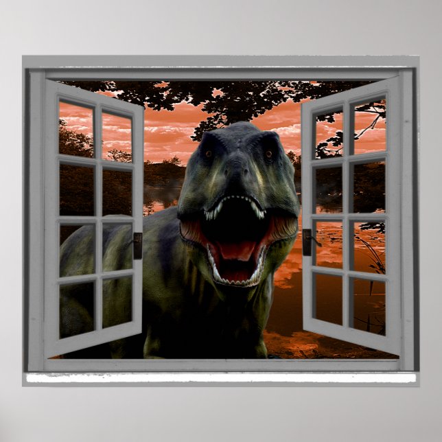 Póster Ventana falsa de T-Rex Dinosaur Sunset View (Frente)