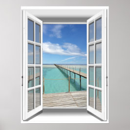 Póster Ventana falsa de vista de océano de 3D Boardwalk
