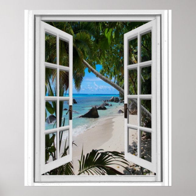 Póster Ventana falsa de vista de playa tropical secreta (Frente)