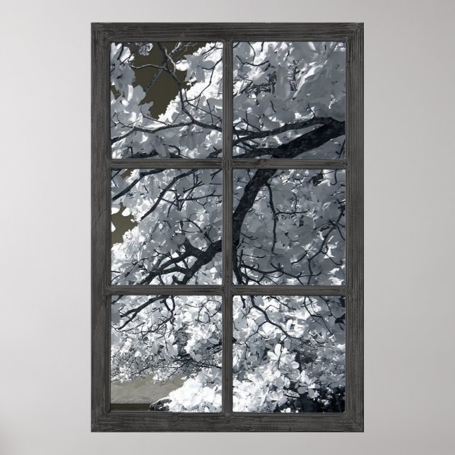 Póster Ventana falsa Ilusión Flores blancas (Frente)