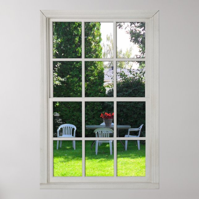 Póster Ventana falsa - Madera blanca - Vista de patio tra (Frente)