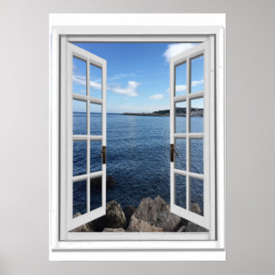 Póster Ventana falsa Trompe l'oeil con vistas al mar tran