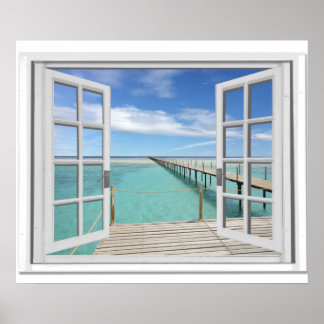 Póster Ventana Falsa Trompe l'oeil Vista al Mar