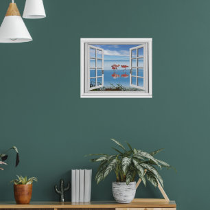 Póster Ventana Falsa Vista al Océano con Flamencos en la