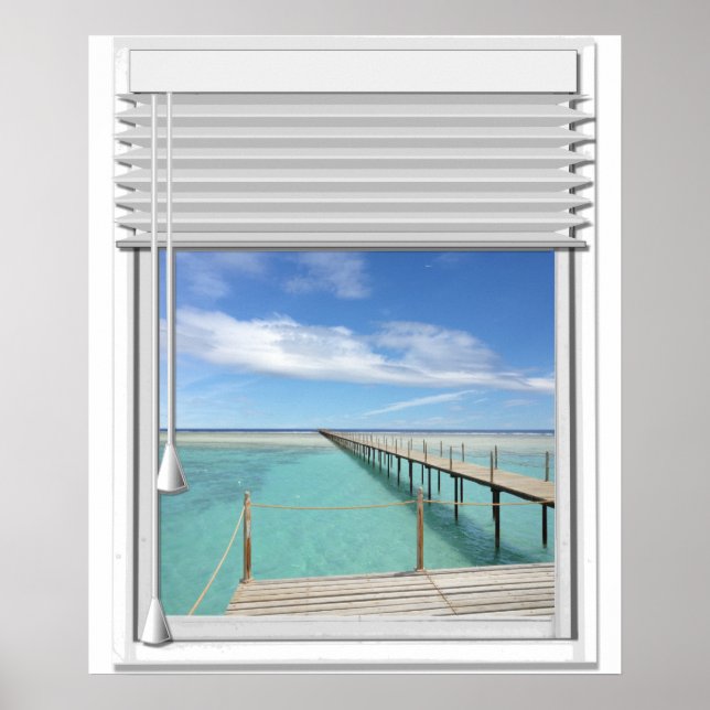 Póster Ventana Faux de Ocean View con ciego (Frente)