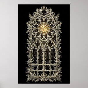 Póster Ventana Gótica de Escarcha con Centro de Rosa Dora