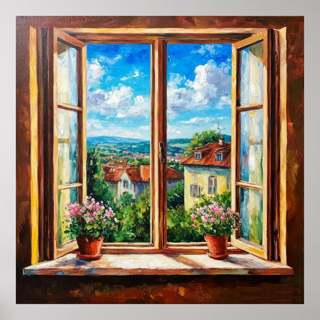 Póster Ventana Rústica con Vista a Encantadora Granja (Frente)