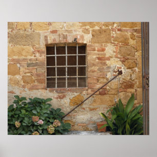 Póster Ventana y antiguo muro de piedra, Pienza, Italia