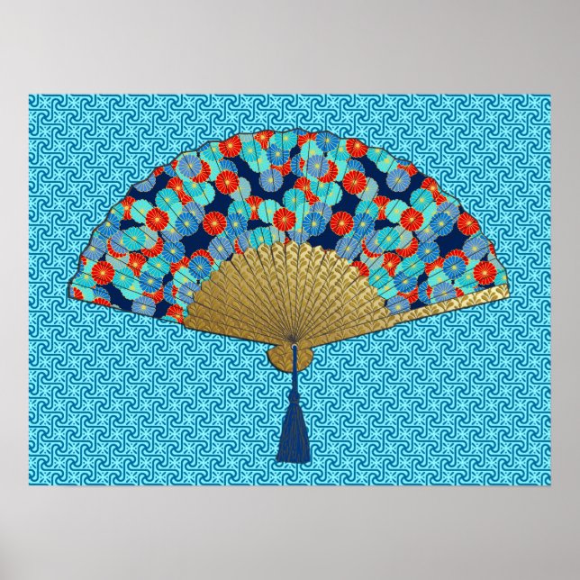 Póster Ventilador Deco - Flores de cobalto, turquesa y ro (Frente)
