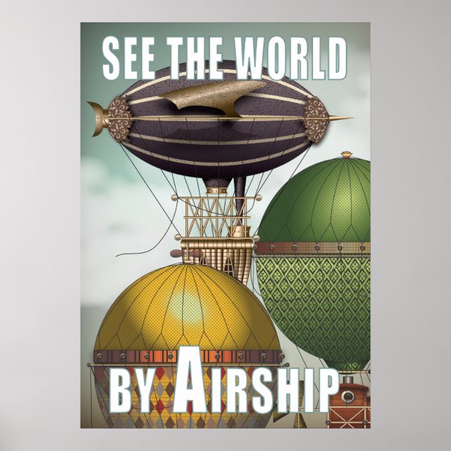 Póster Ver World Airship Trio Steampunk Travel (Frente)