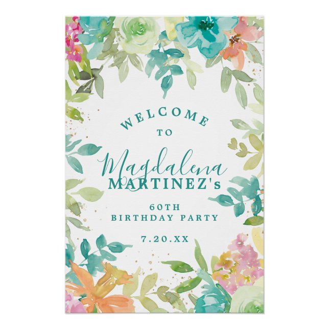 Póster Verano acuarela Floral 60 cumpleaños fiesta (Anverso)