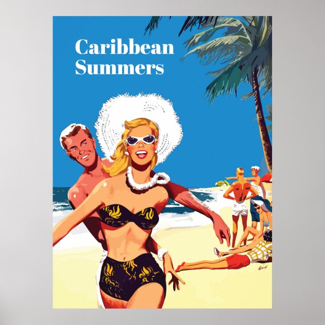Póster Verano caribeño, divertidos viajes vintage (Frente)