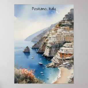 Póster Verano en Positano Italia Ilustración en Acuarela