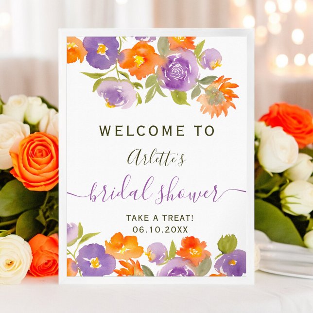 Póster Verano Naranja morado Floral Boho Noal bienvenida (Summer Purple Orange Floral Boho Bridal welcome Poster)