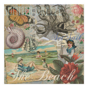 Póster verano playa vintage pulpo antigüedades vela