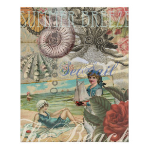 Póster verano playa vintage pulpo antigüedades vela