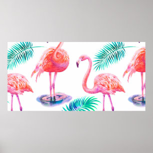 Póster Verano tropical con hojas de palmera flamencos y e