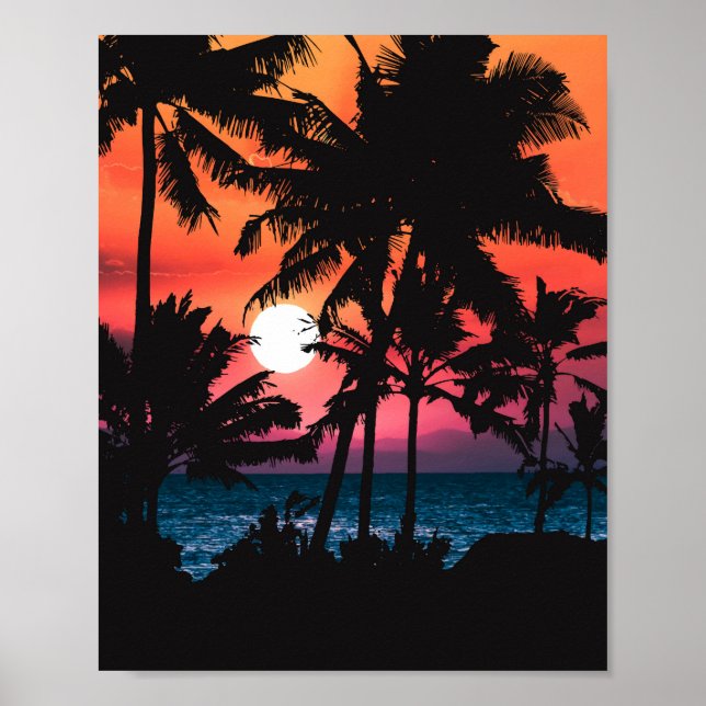 Póster Verano Tropical Naranja Rosa Palm Trees Sunset (Frente)