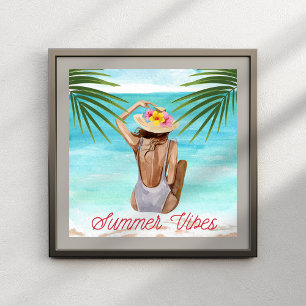 Póster verano vibración mujer en la playa vacaciones trop