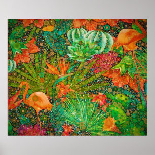 Póster Verano Vintage Flamingo Tropical Garden Floral