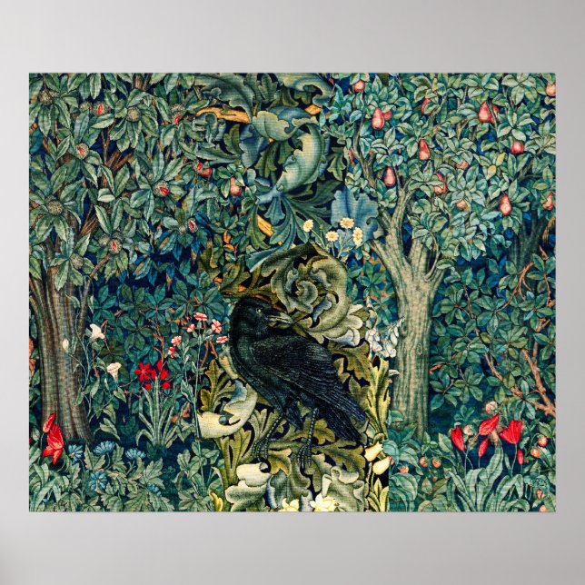 PÓSTER VERDAD, ANIMALES FORESTALES, RAVEN EN FLORAL VERDE (Frente)