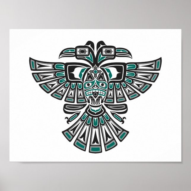 Póster Verde azulado azul Haida Dos cabezas de pájaro esp (Frente)
