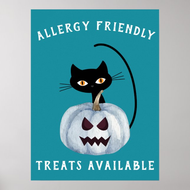 Póster Verde azulado Calabaza Halloween Gato negro Alérgi (Frente)