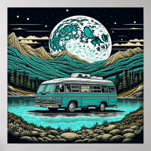 Póster Verde azulado Camper de RV Vintage en el retro de