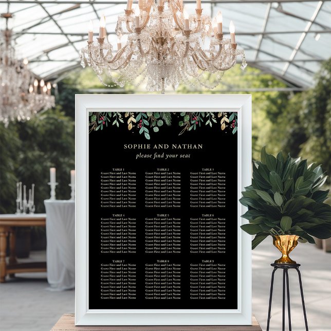 Póster Verde dorado negro | Boda de Navidades (An elegant seating chart on black for your Christmas holiday wedding)