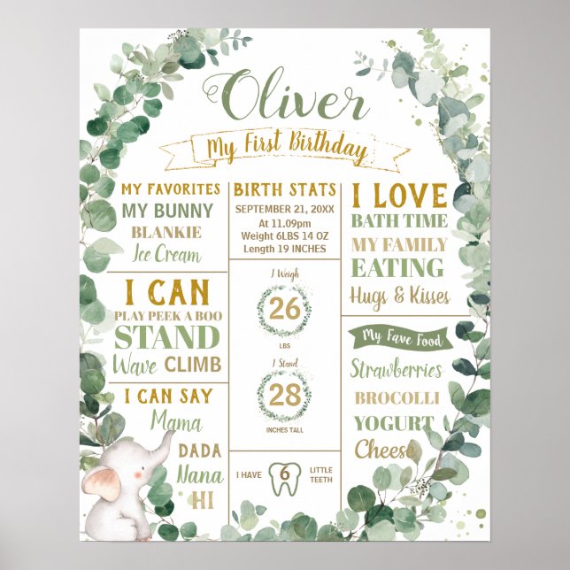 Póster Verde Elefante Cumpleaños Logro Estadísticas de Na (Frente)