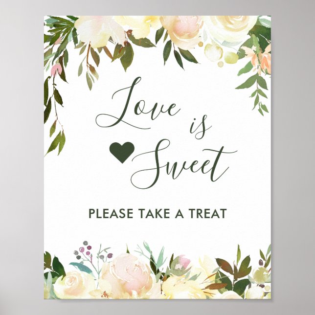 Póster Verde Floral Rústico Amor es Dulce Barra de Postre (Frente)