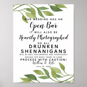 Póster verde follaje signo boda de Open Bar