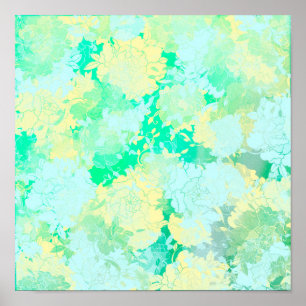 Póster verde japonés, patrones de flores