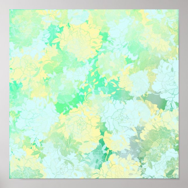 Póster verde japonés, patrones de flores (Frente)