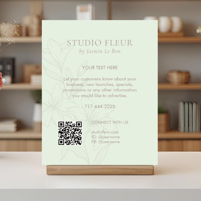 Póster Verde Menta | Moda Floral Texto promocional QR (Subido por el creador)