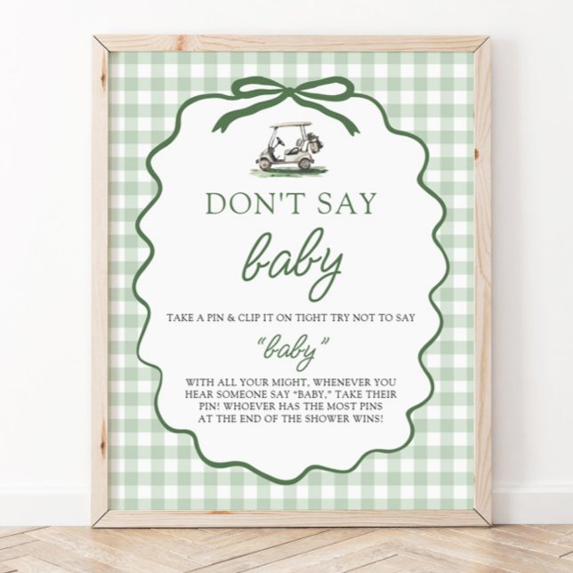 Póster Verde Salvia de Cuadros Golf No Digas Bebé Bebé Sh (Sage Green Gingham Golf Don't Say Baby Baby Shower Sign)