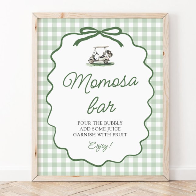 Póster Verde Salvia Gingham Golf Mamá Bar Ducha de Bebé (Sage Green Gingham Golf Momosa Bar Baby Shower SIgn)