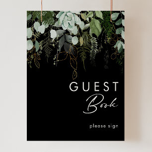 Póster Verde y Hoja de Oro   Letrero de Libro de Invitado