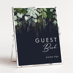 Póster Verde y Hoja de Oro   Letrero para Libro de Firmas