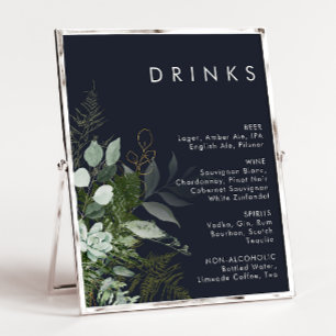Póster Verde y Hoja de Oro   Menú de Bebidas de Boda Azul