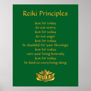 Póster Verde y oro Lotus de los principios de Reiki