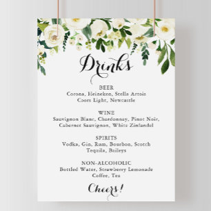 Póster Verdor Boda floral blanco bebidas Rótulo de menú