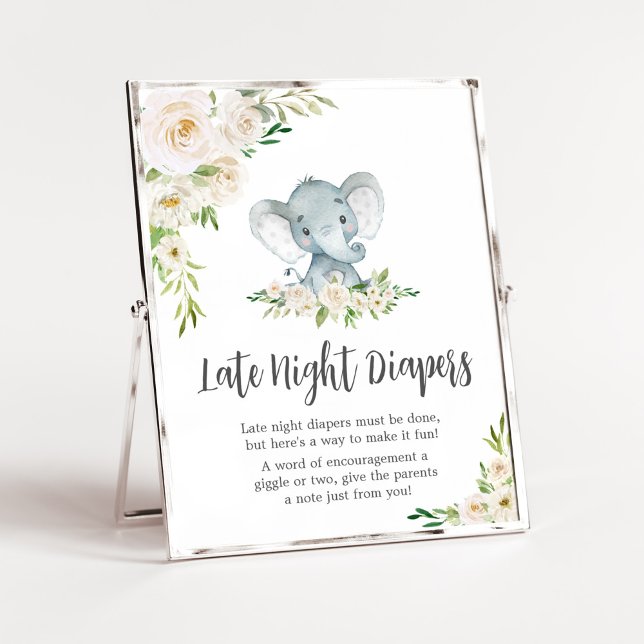 Póster Verdor Floral Elefante Blanco Tarde Noche Diapers (A Little Peanut is on the Way Baby Shower Late Night Diapers Sign)